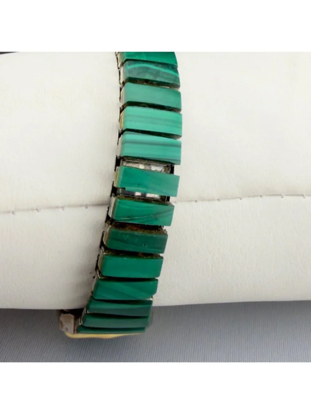 Vintage Malachite Green Stone Stretch Bracelet Watch Rectangle New Battery Works